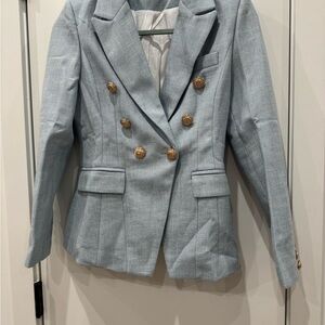 Chic Light Blue Double-Breasted Blazer with Gold Buttons